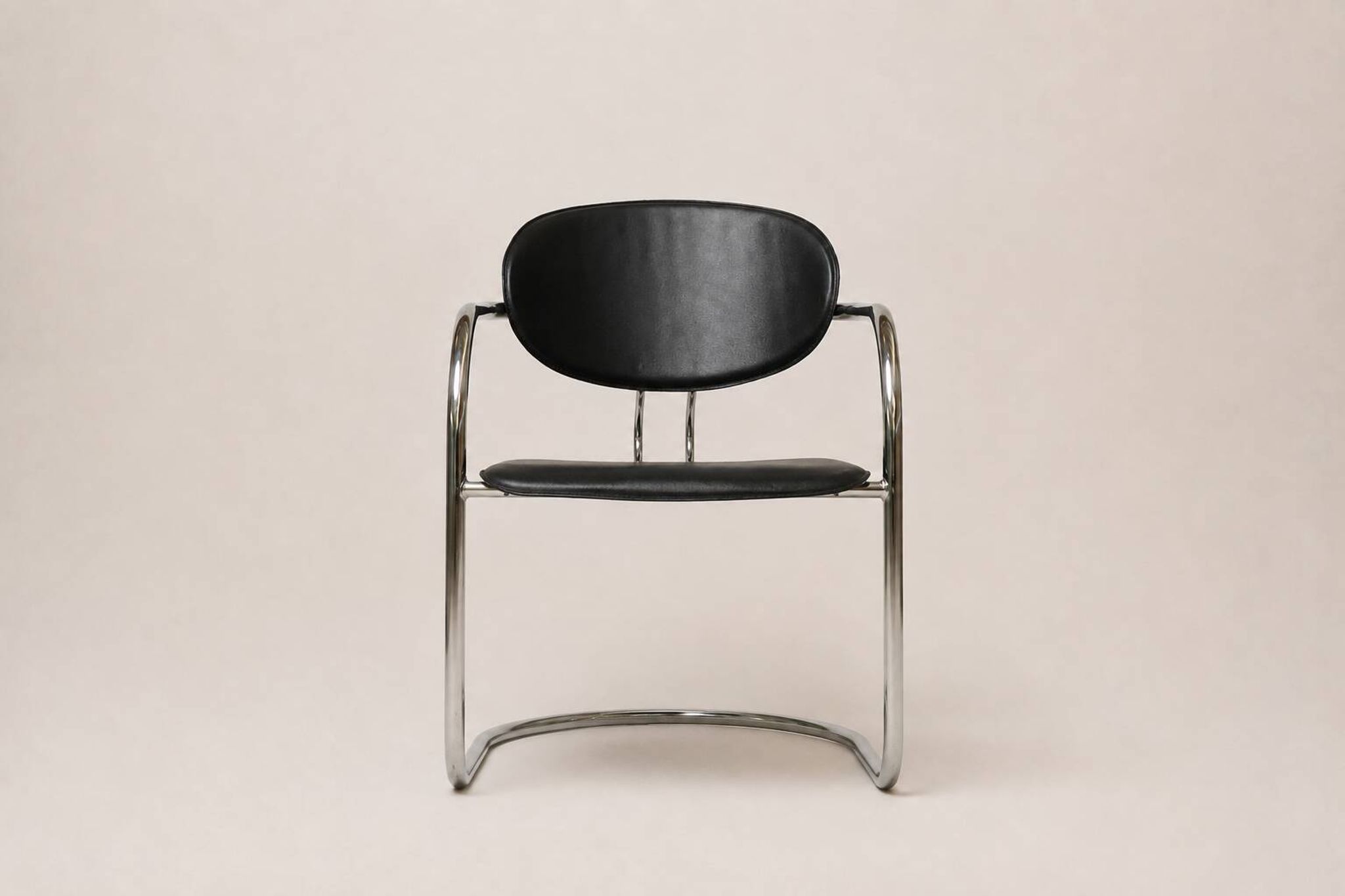 Set of eight cantilever chairs in black faux leather and chrome steel — c. 1980