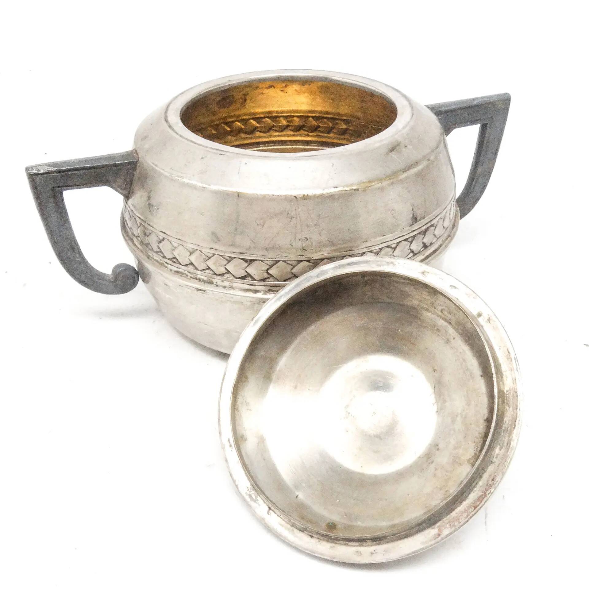 Art Deco sugar bowl, silver-plated brass, tin, Belgium, 1920s