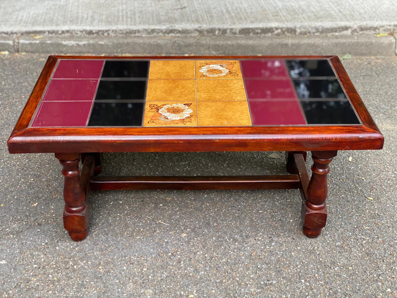 Solid wood and multicoloured ceramic coffee table from the 1970s.