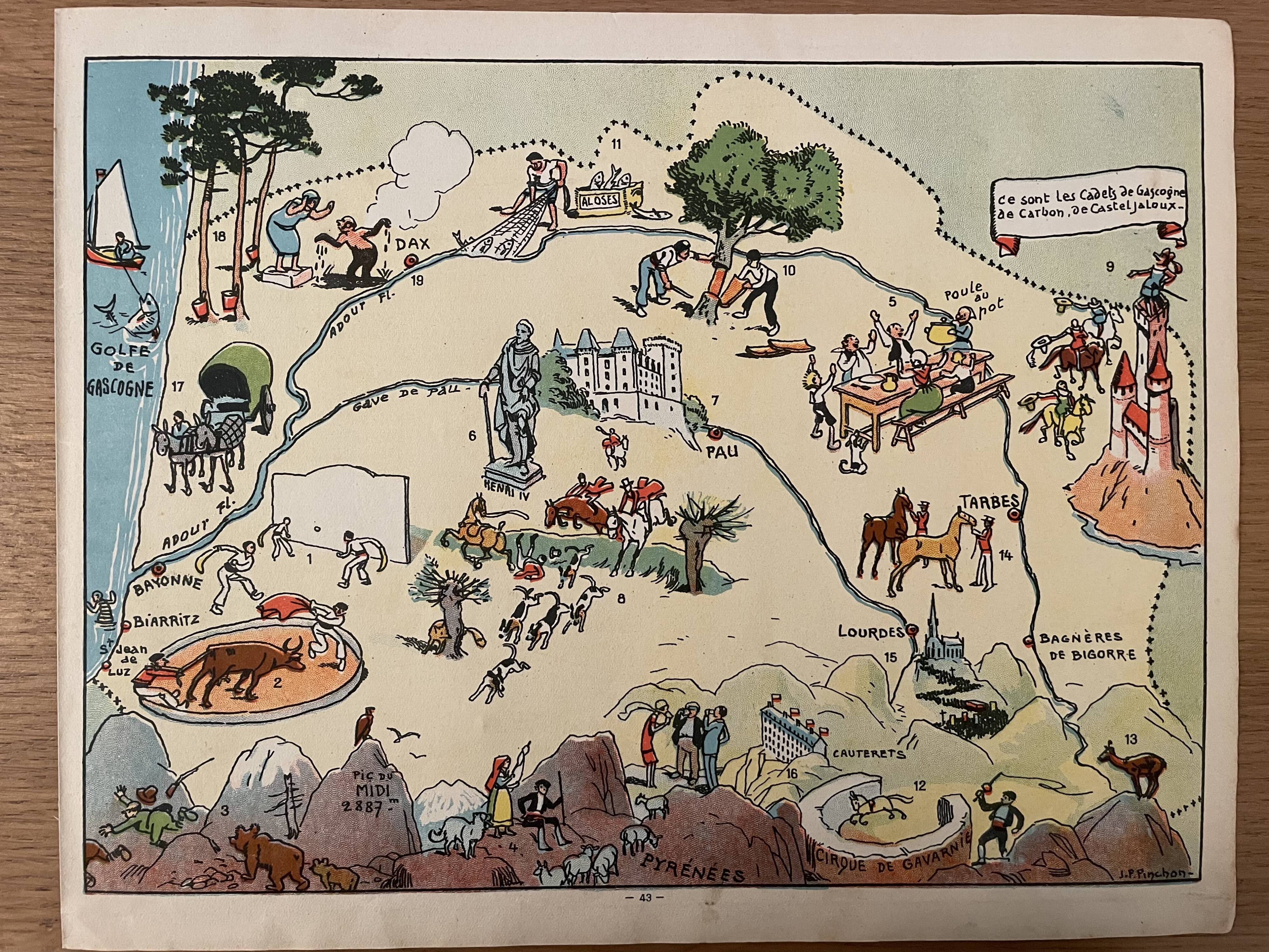 Old illustrated map of Gascony Béarn Pays-Basque - JP Pinchon