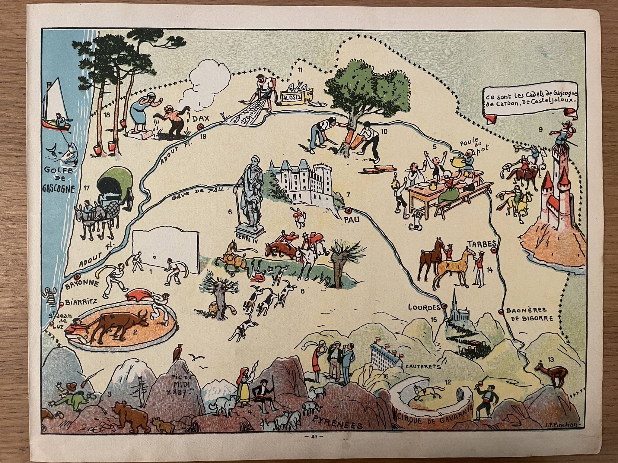 Old illustrated map of Gascony Béarn Pays-Basque - JP Pinchon