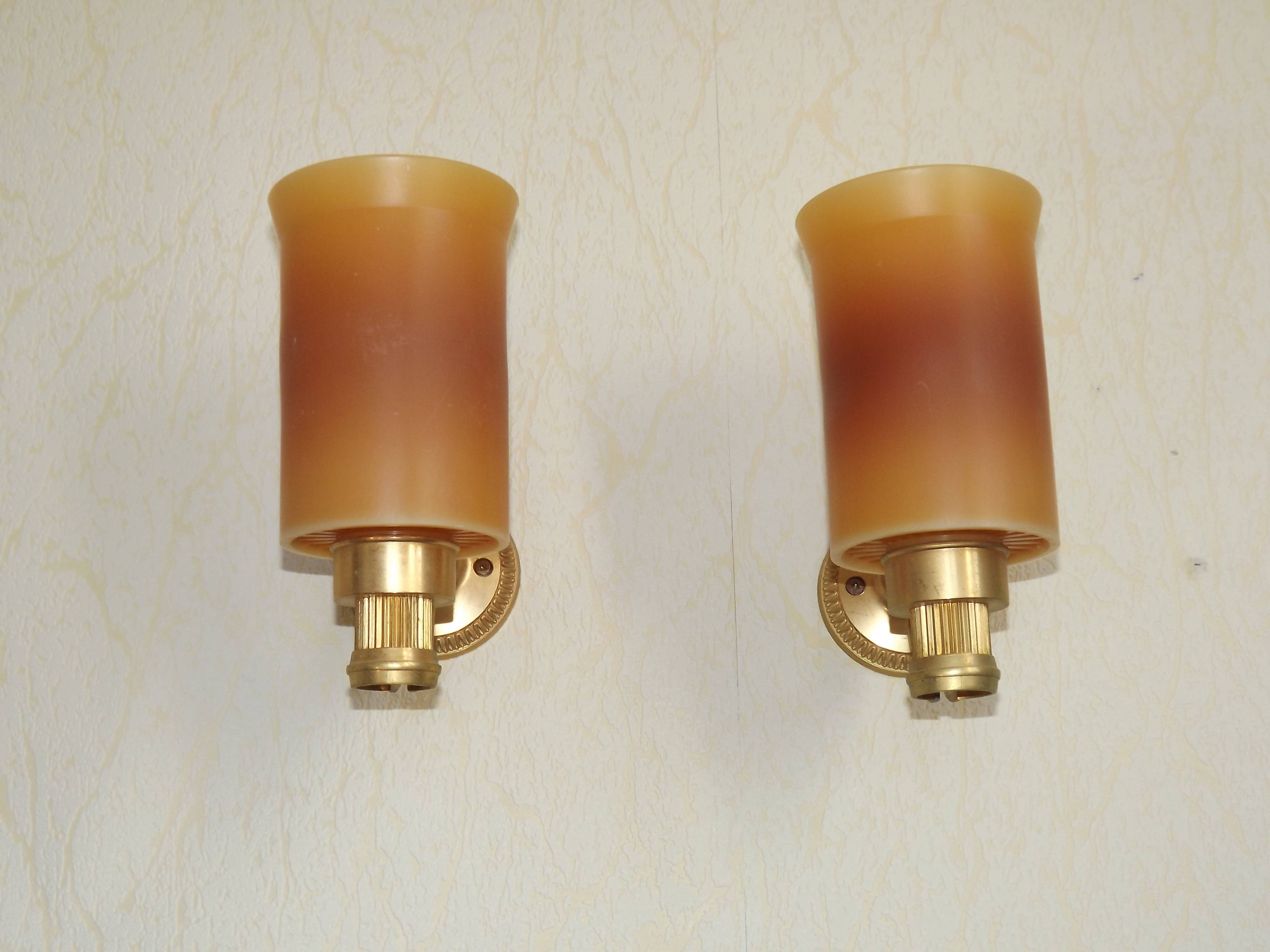 Pair French Vintage 1960s Retro Single Wall Lights Brass & Orange Acrylic