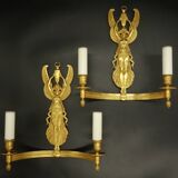Large pair of Empire style winged caryatid sconces - gilded bronze
