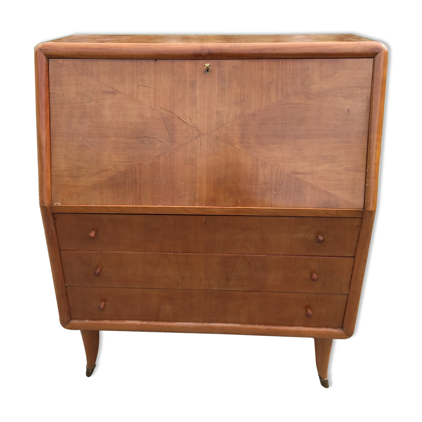 Vintage secretary desk, known as donkey's back, in cherry wood, Italian by Marelli & Fratelli.