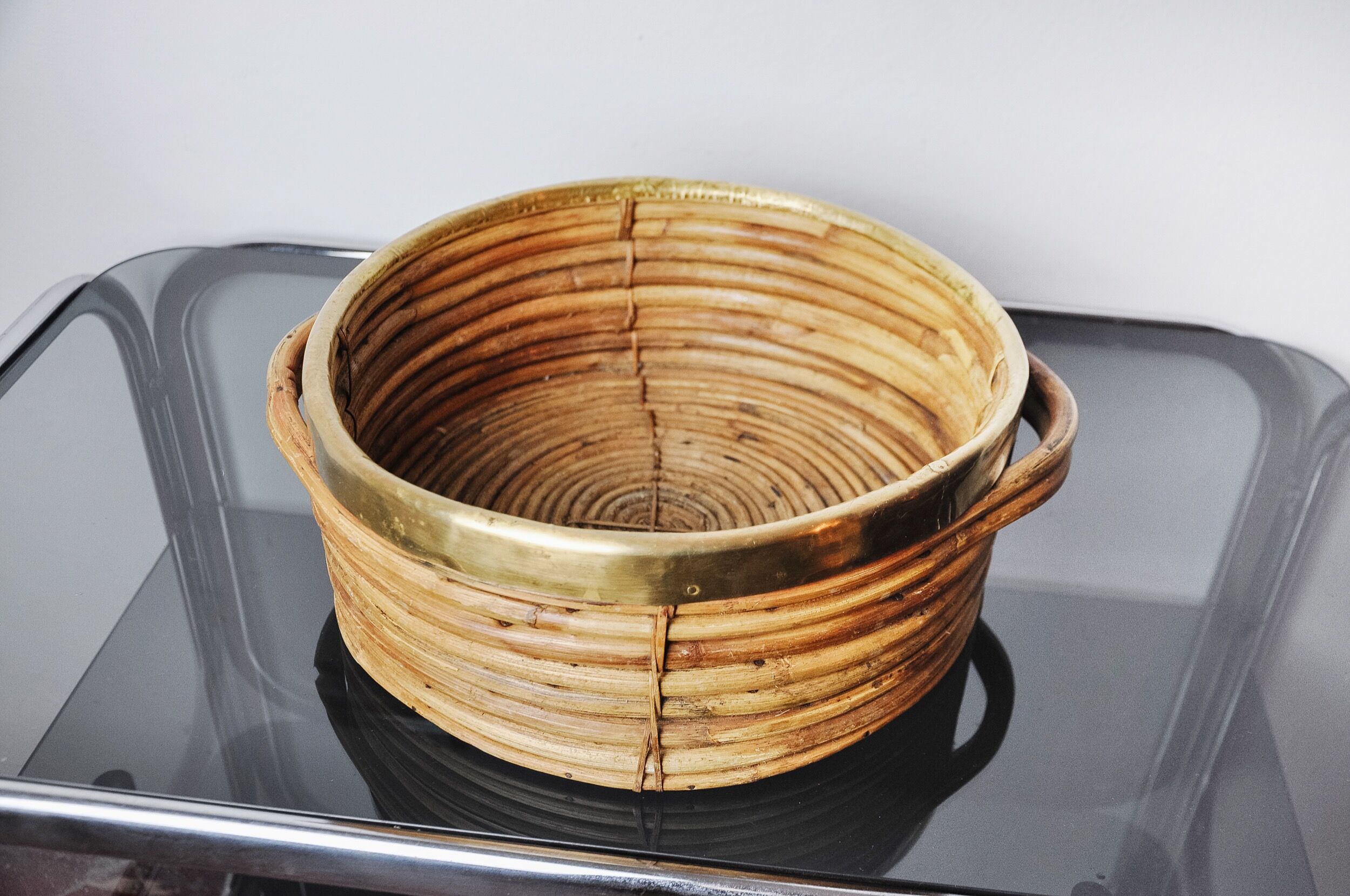 Rattan and brass basket, Italy, 1970