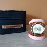Travel alarm clock lancel - case wrapped in pink leather and gold metal folding - reference - 163027