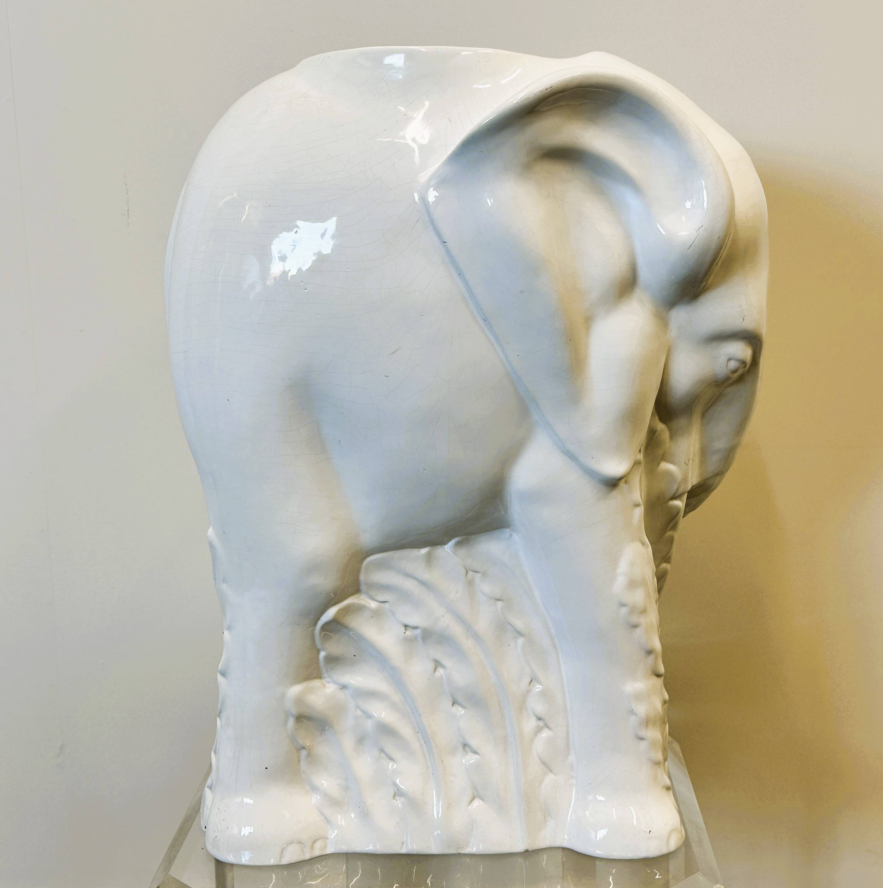 Vintage White Ceramic Elephant Umbrella Stand - Planter, France 1970s.