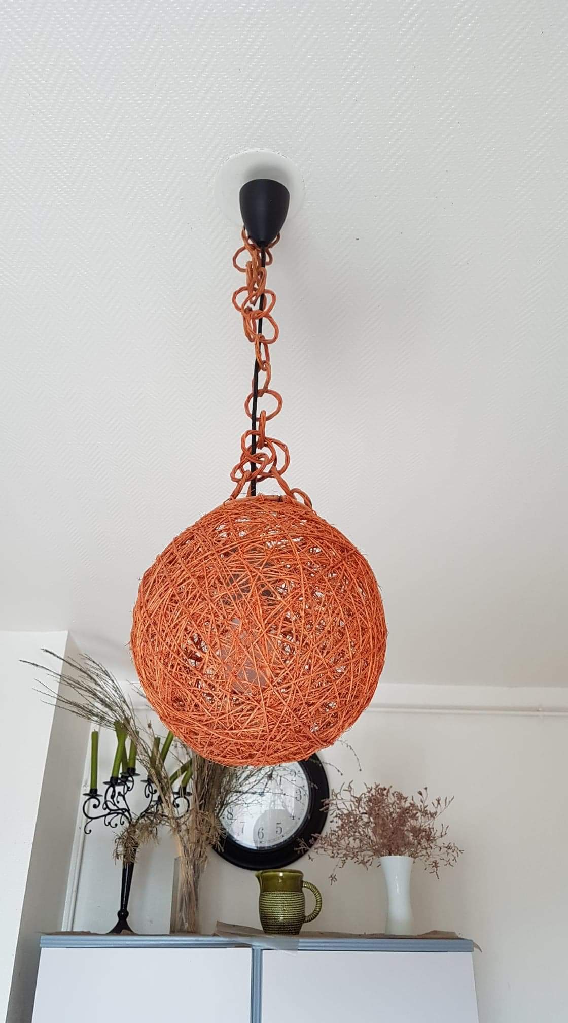 Orange ball hanging lamp with rope and rattan rope 1970