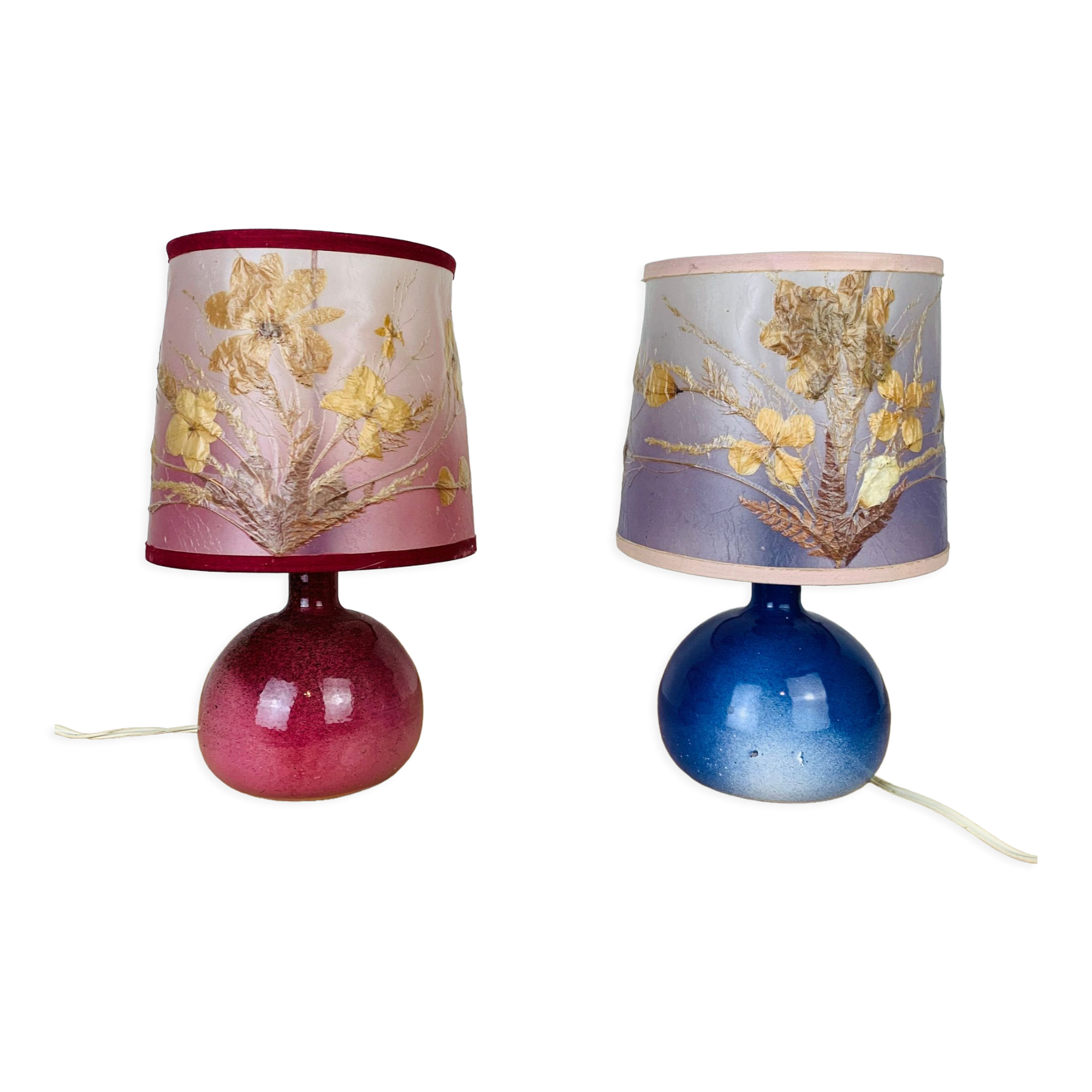 Pair of pink and blue ceramic fig lamps, dried flowers lampshade
