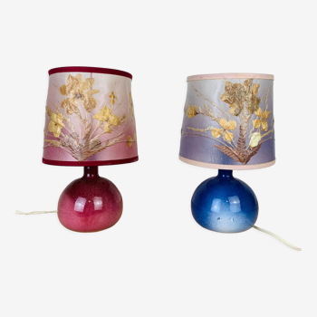 Paire de lampes figue en céramique rose et bleu abat jour fleurs séchées