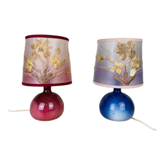 Pair of pink and blue ceramic fig lamps, dried flowers lampshade