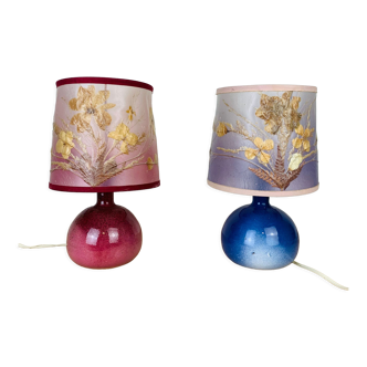 Paire de lampes figue en céramique rose et bleu abat jour fleurs séchées
