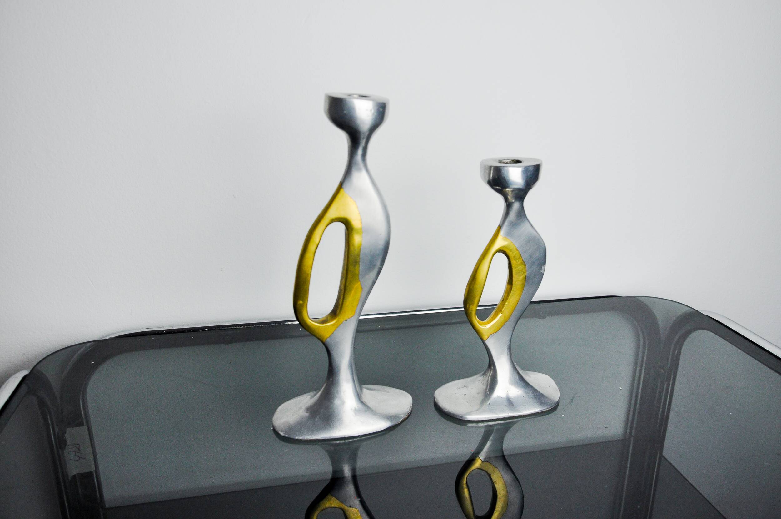 Pair of brutalist candlesticks by Léopold, bronze and aluminum, Spain, 1970