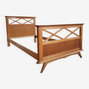 Vintage oak bed with compass feet – 1950s