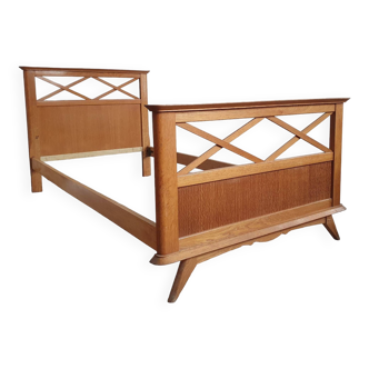 Vintage oak bed with compass feet – 1950s