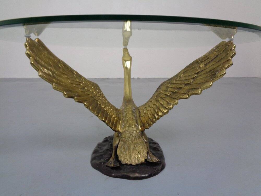 French Swan Coffee Table in Brass and Glass, 1960s