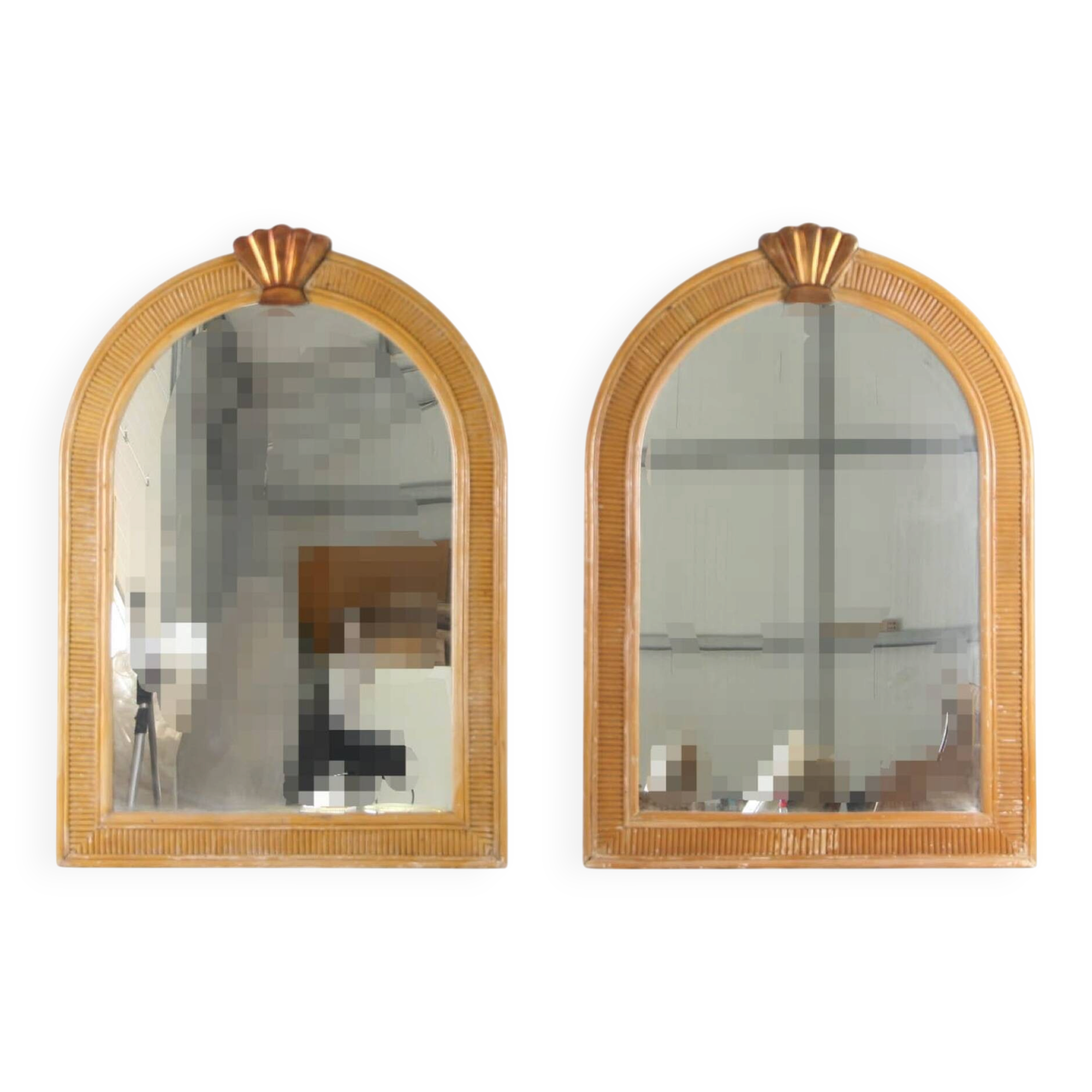 Pair of rattan and copper mirrors