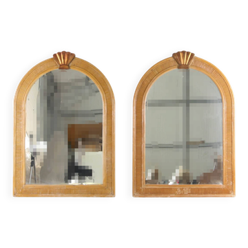 Pair of rattan and copper mirrors