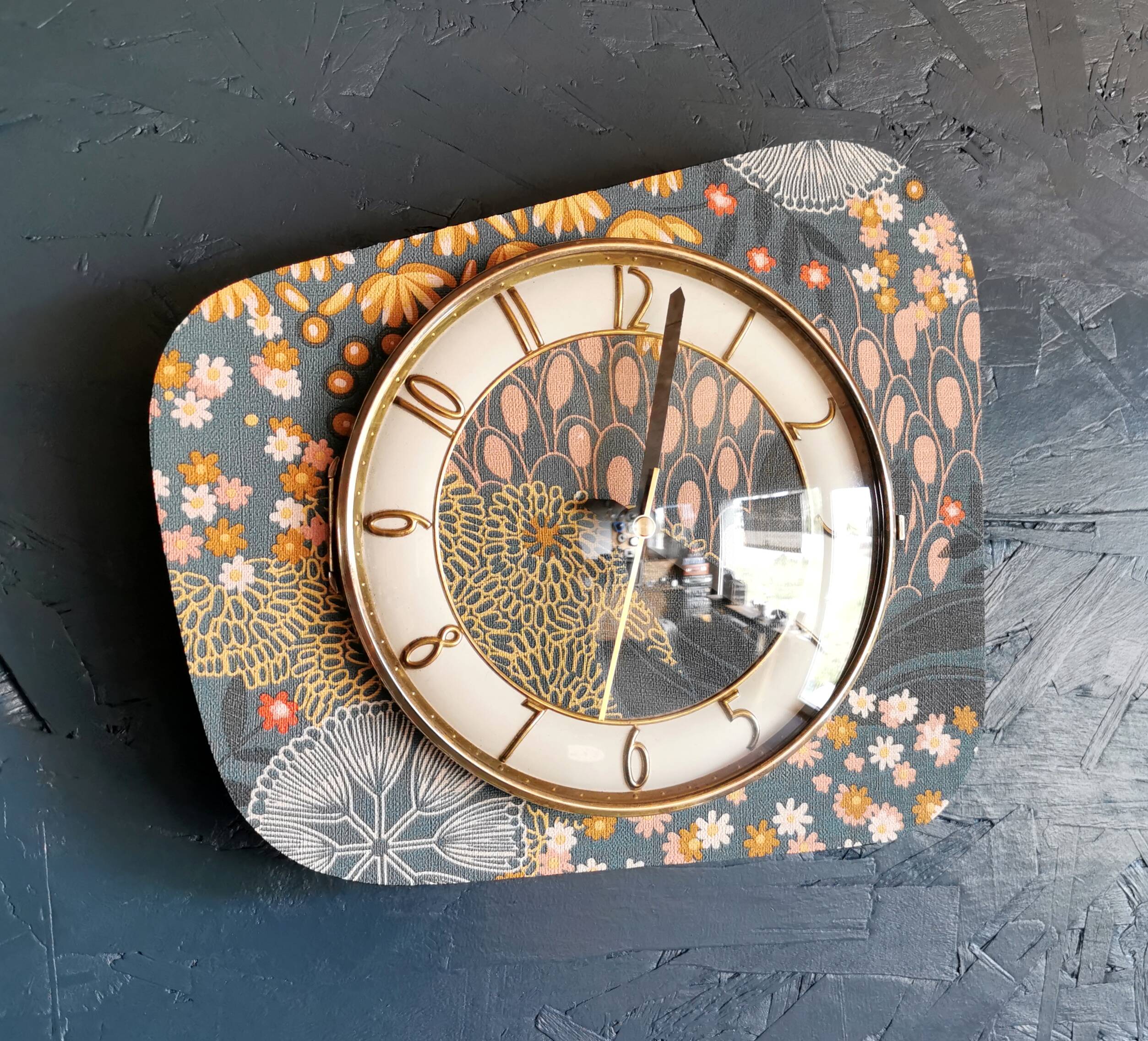 Vintage formica clock silent asymmetrical wall pendulum "Pink ocher blue"