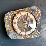 Vintage formica clock silent asymmetrical wall pendulum "Pink ocher blue"