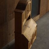 Old Danish secretary in pine with drop-down front and upper cabinet, mid-19th century.