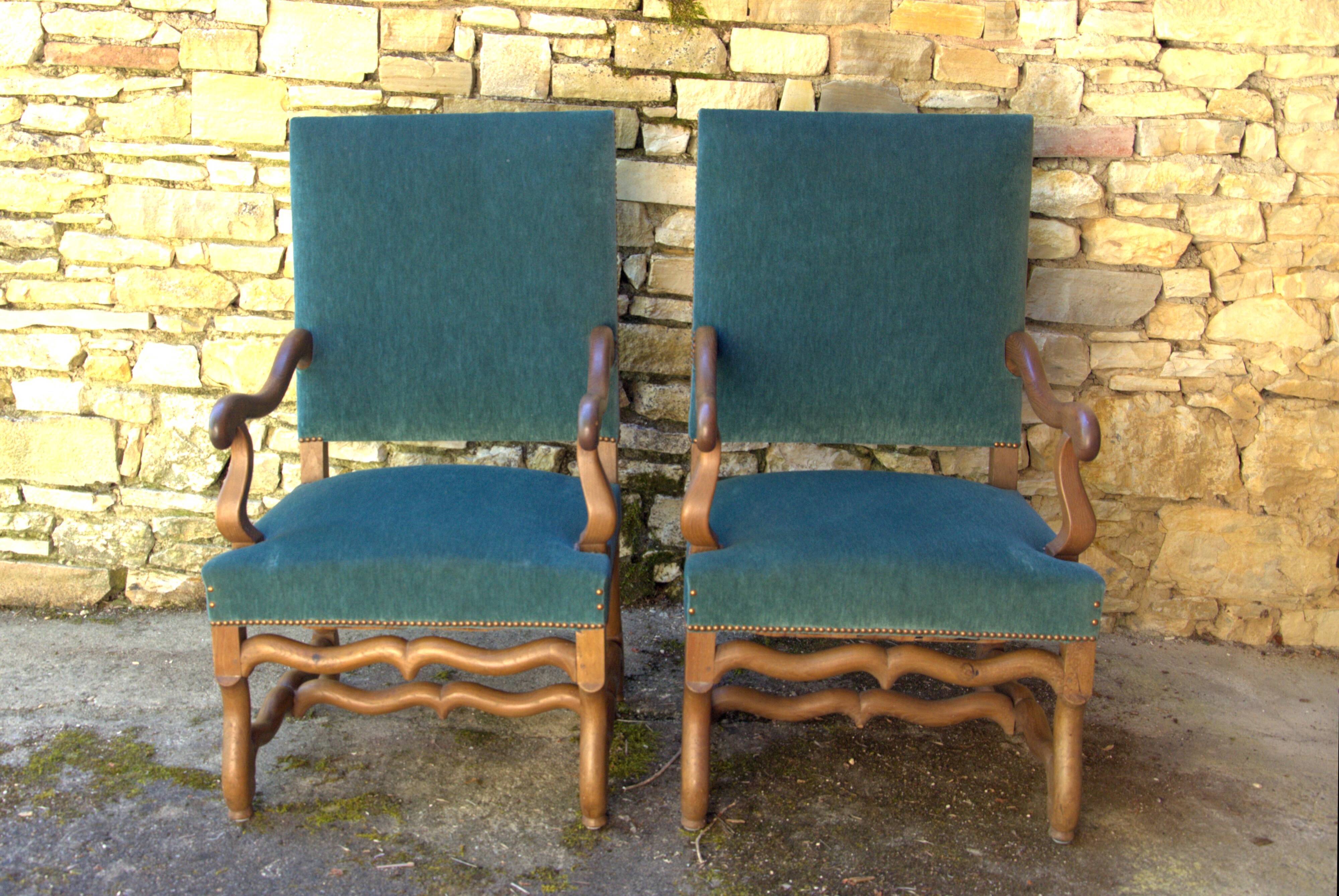 Antique Louis XIII style armchair, duck blue velvet, 67x112cm, G.Besnard