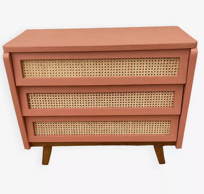 Restored vintage rattan chest of drawers in terracotta shade 1960