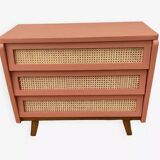 Restored vintage rattan chest of drawers in terracotta shade 1960