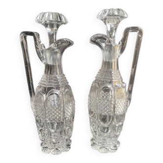 Pair of pressed or blown-molded crystal bottles – Baccarat diamond and leaf service - 19th century