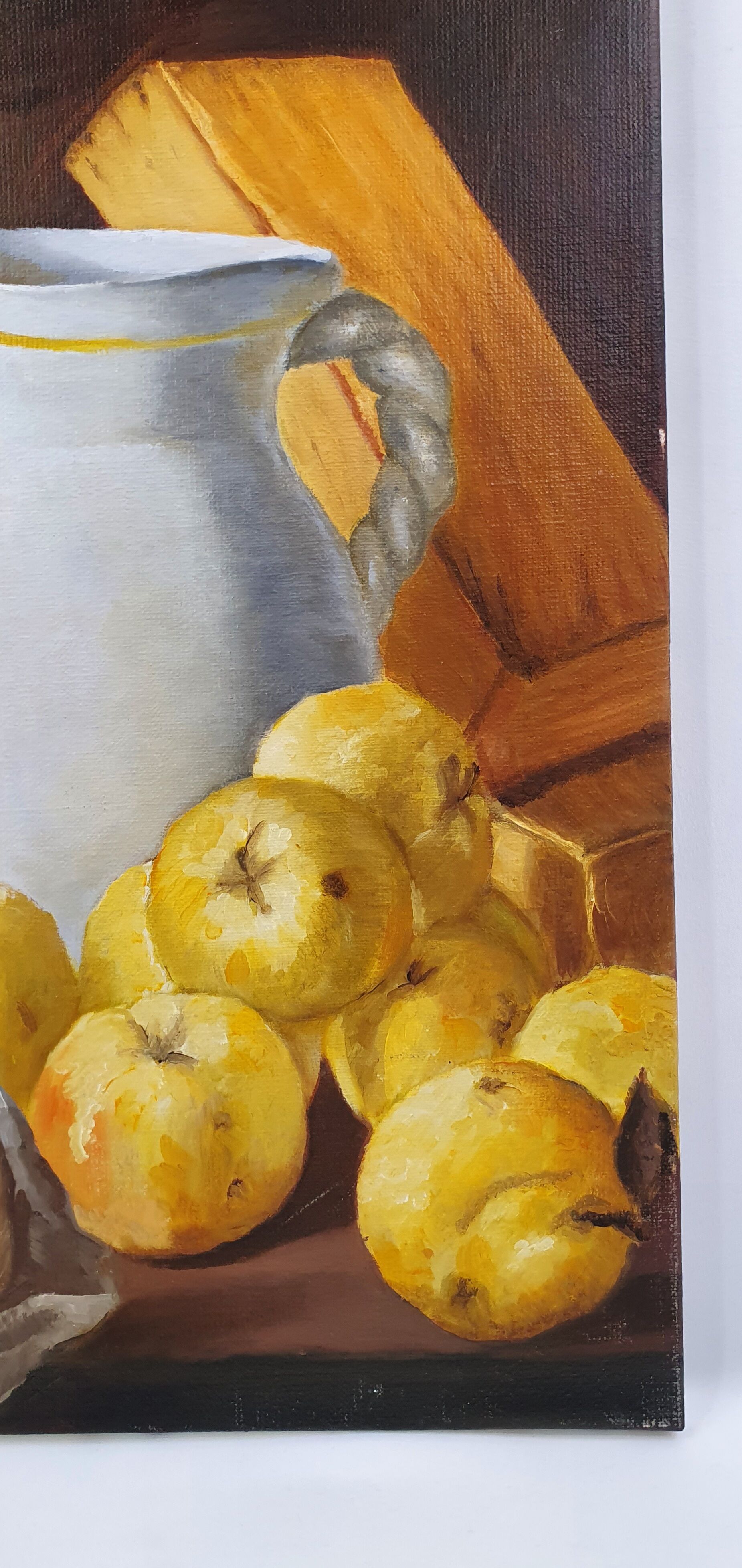 Oil on canvas still life not signed apples pitcher kitchen