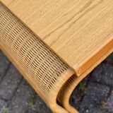 Pine wood and ratan table with 2 ottomans