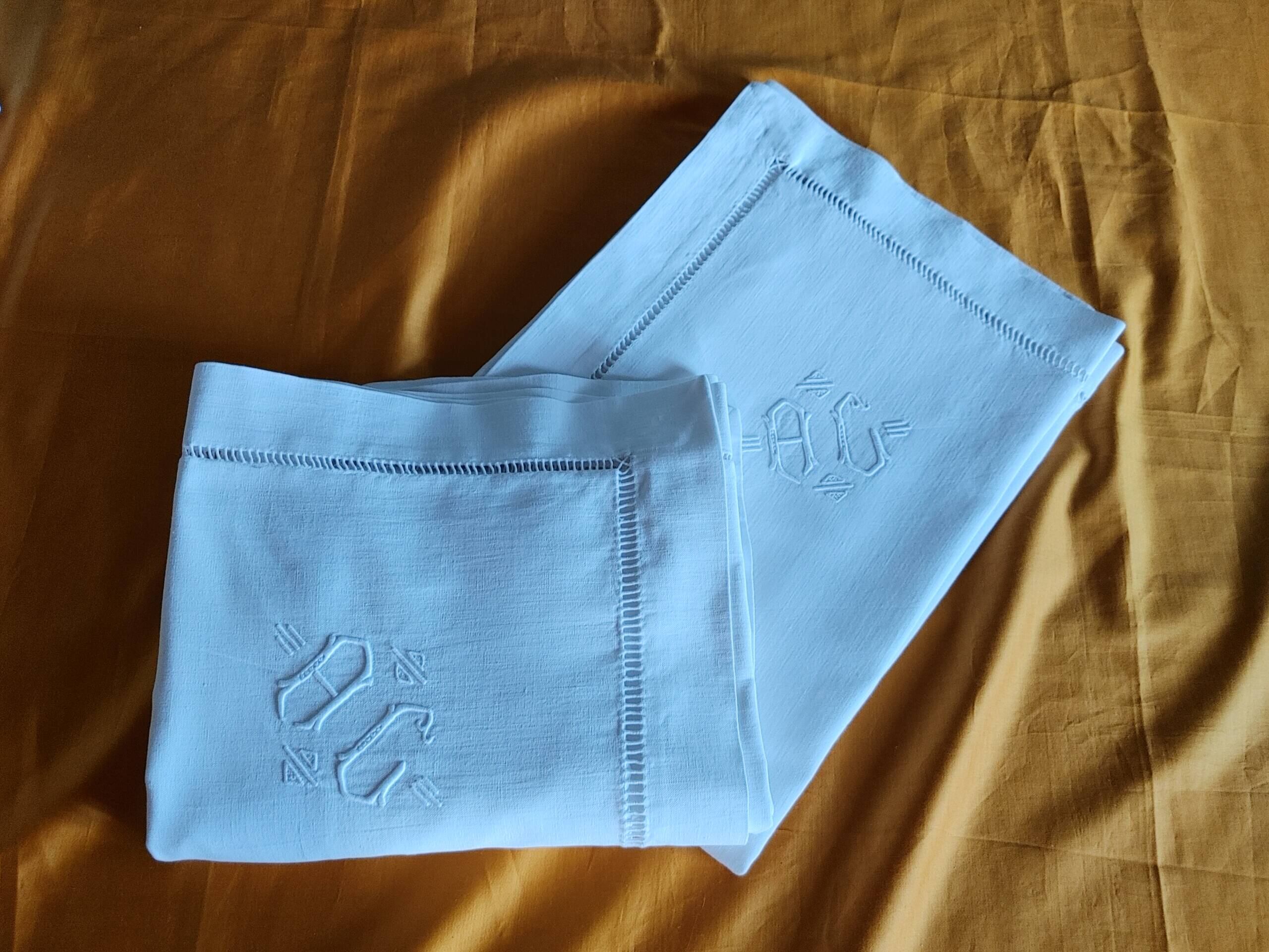 Pair of old linen & cotton pillowcases - AC monogram - never used