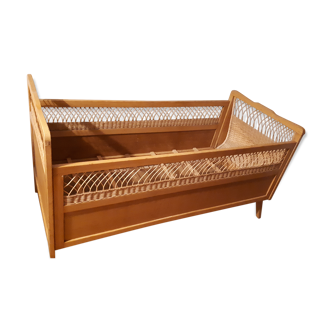 Vintage children's bed in light oak and curved rattan, 1950s-60s