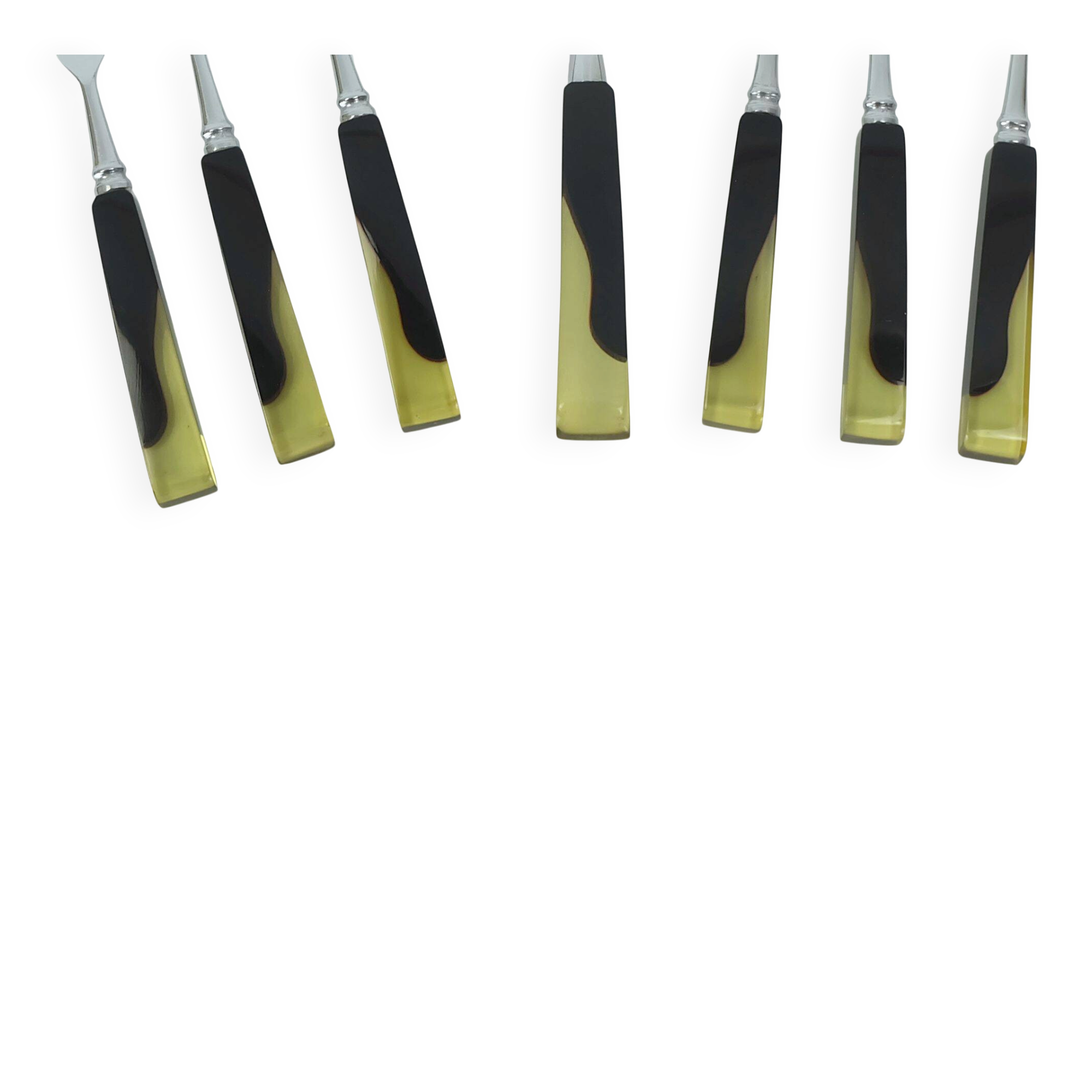 Art déco cake lifter and 6 cake forks black bakelite and lucite cake set