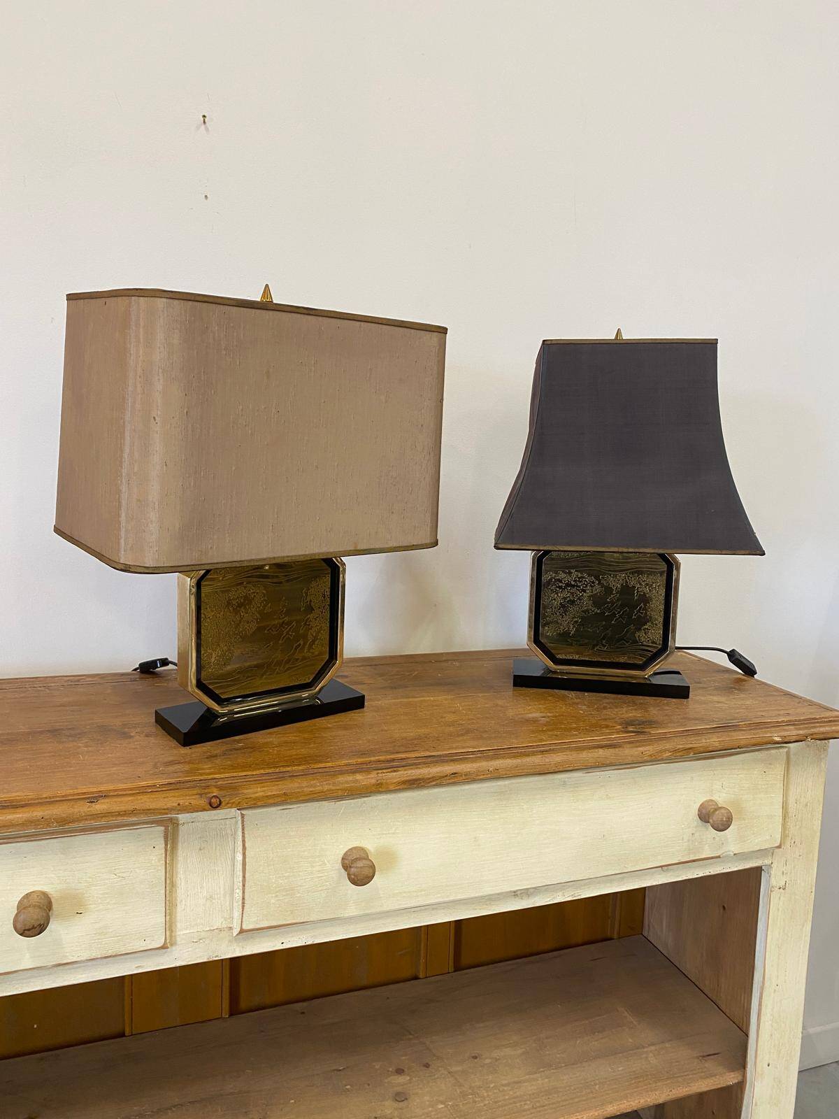 Pair of brass and gold-plated lamps by George Mathias, 1970