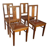 Set of 4 Art Deco chairs in oak and brown leather.