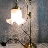 Adjustable brass desk lamp with frosted glass tulip