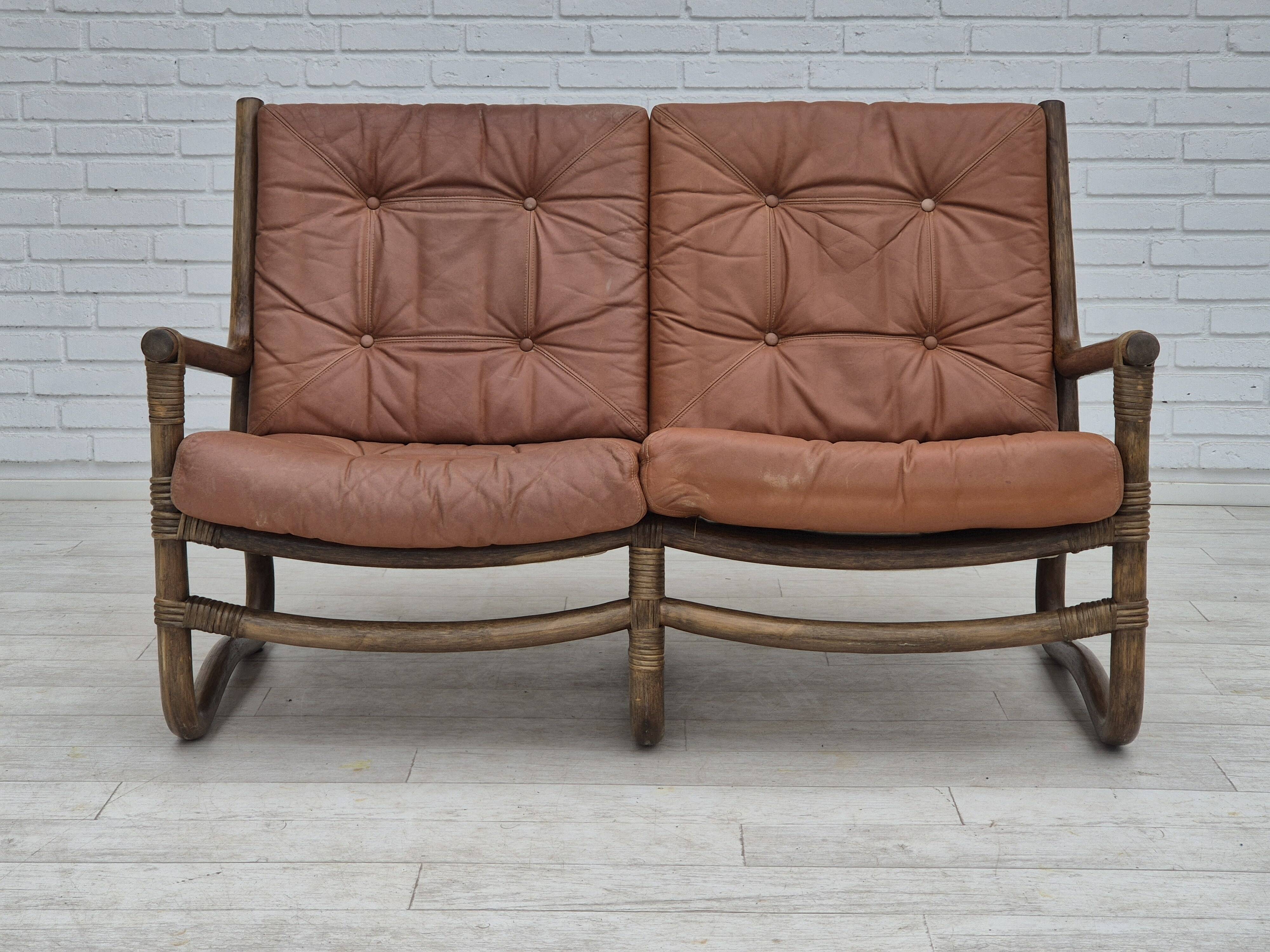 1970s, Scandinavian 2 seater sofa, original very good condition, bamboo, leather.