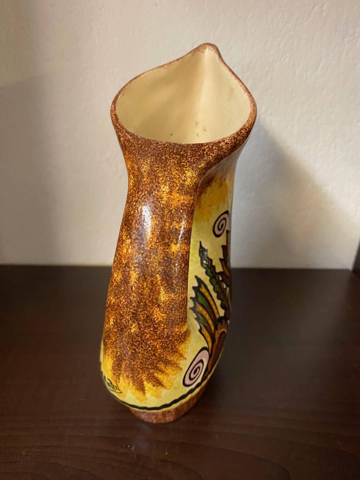 Quimper fouillen faience pitcher from the 50s/60s oblique shape gorse decor