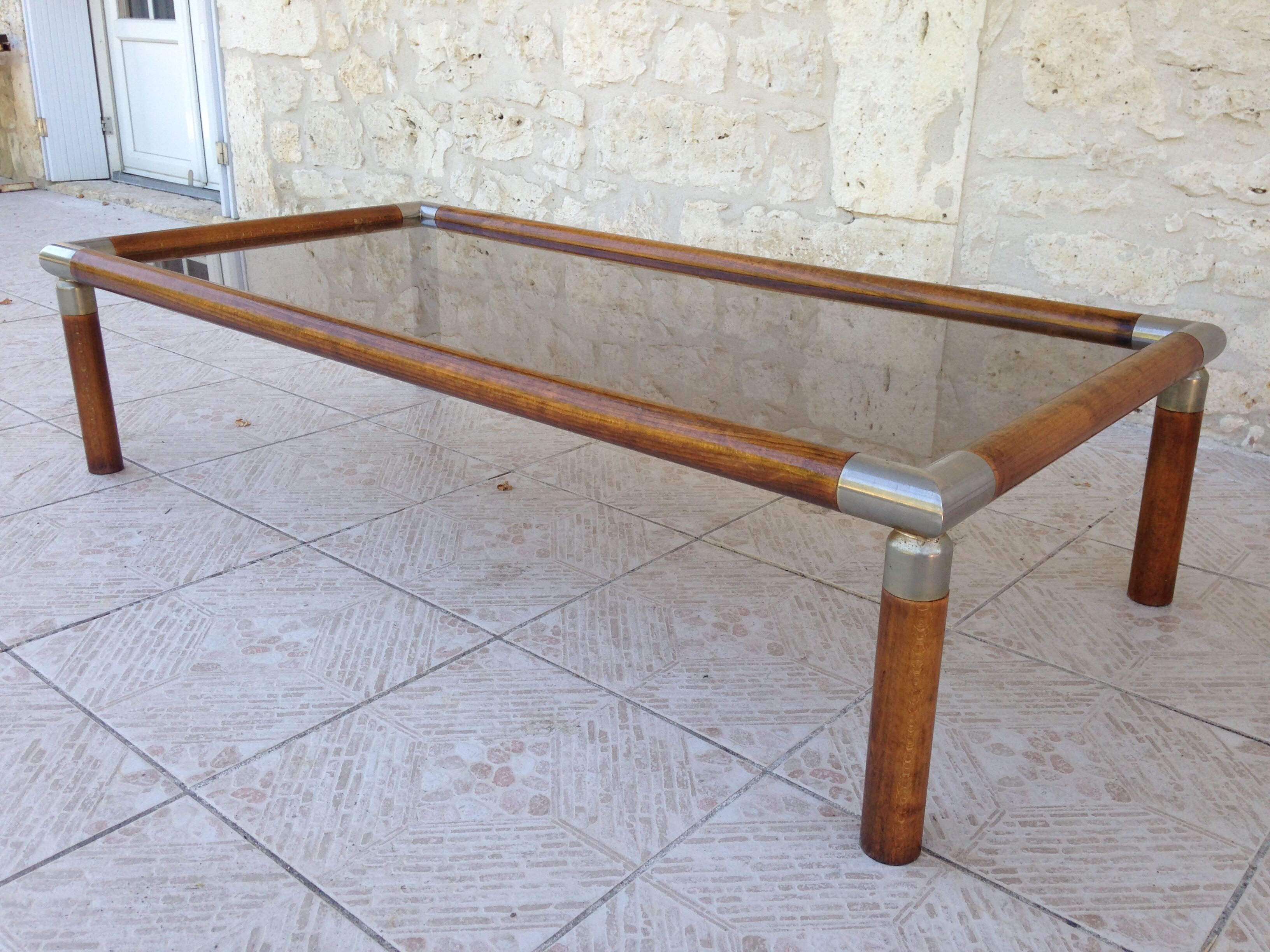 Table design bass, vintage, 70s wood and smoked glass