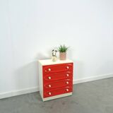 Vintage ladekast met rood roze kunststof lades 1970