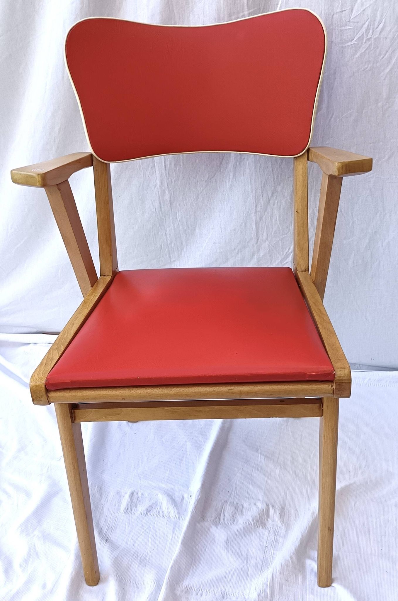 1960s wooden chair with armrests and faux leather seat