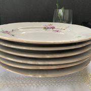 Set of 5 porcelain dessert plates pink and purple flowers
