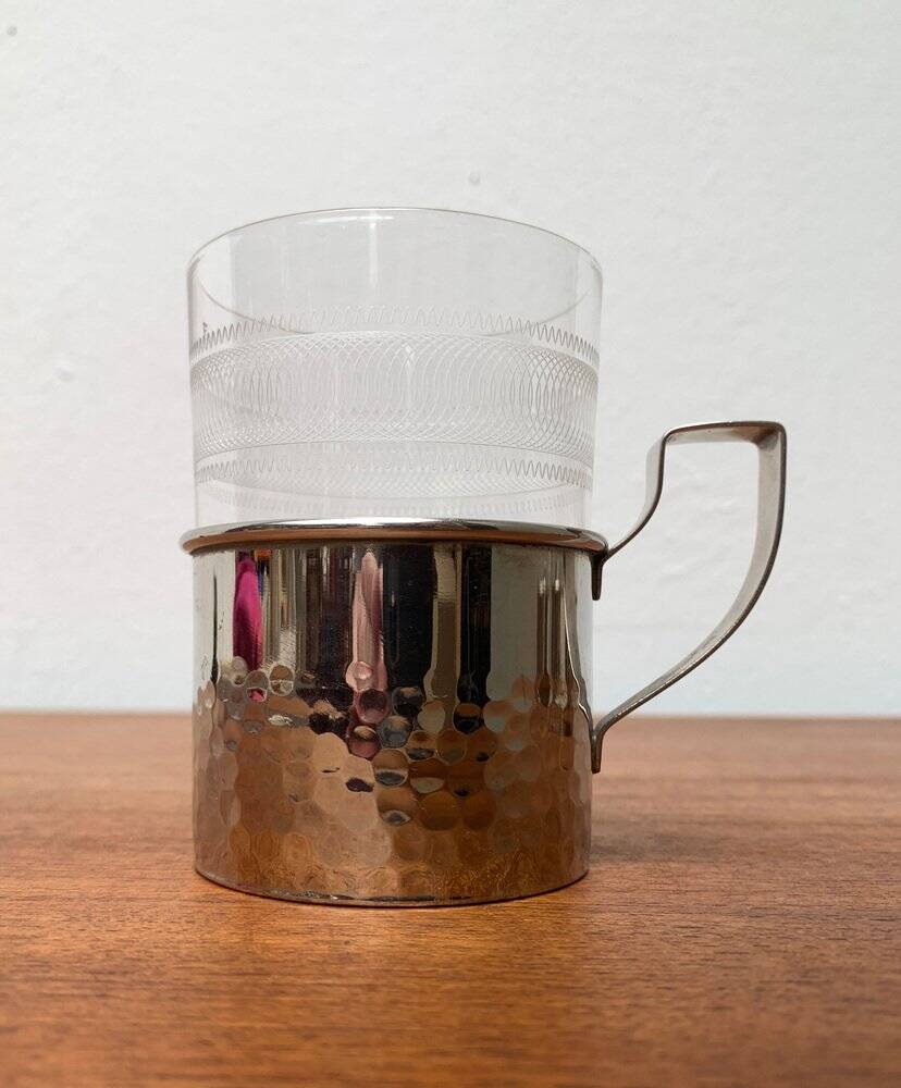 Vintage tea glasses RDA from East Germany by MUQ, Metallwarenfabrik Union Quedlinburg, set of 4.