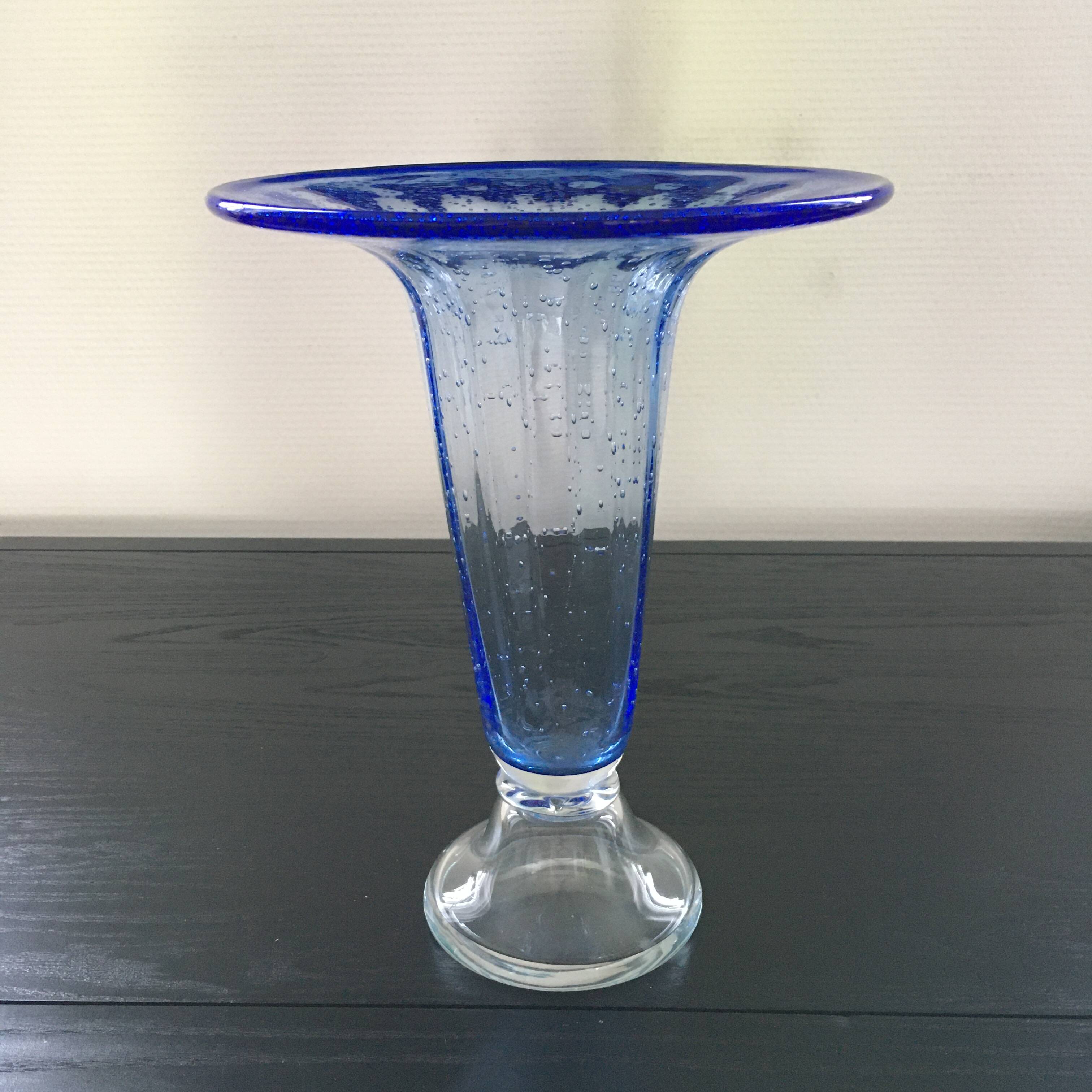 Large blue bubble glass vase