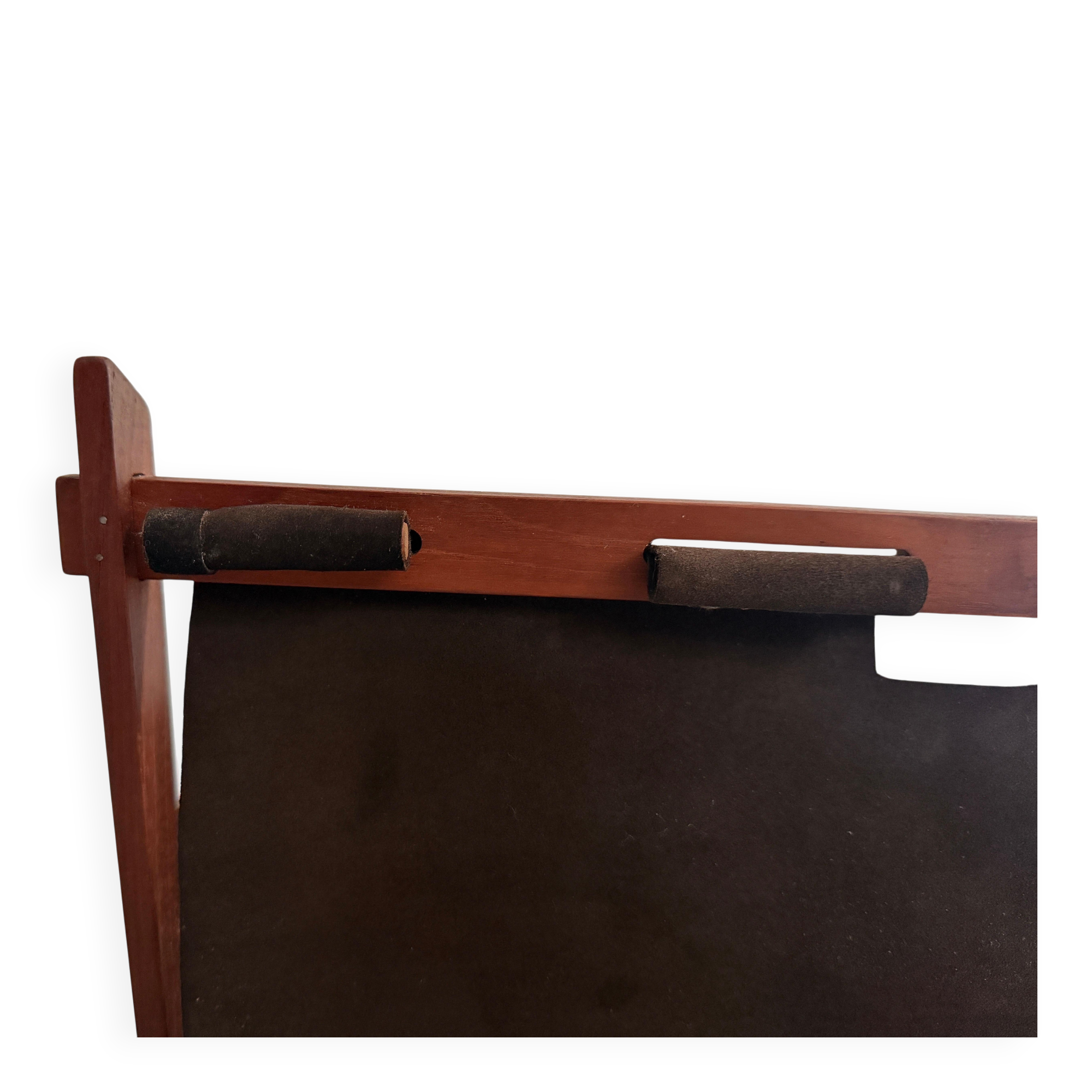 Support stand for mid-century teak and suede magazines and newspapers, 1960, Germany.