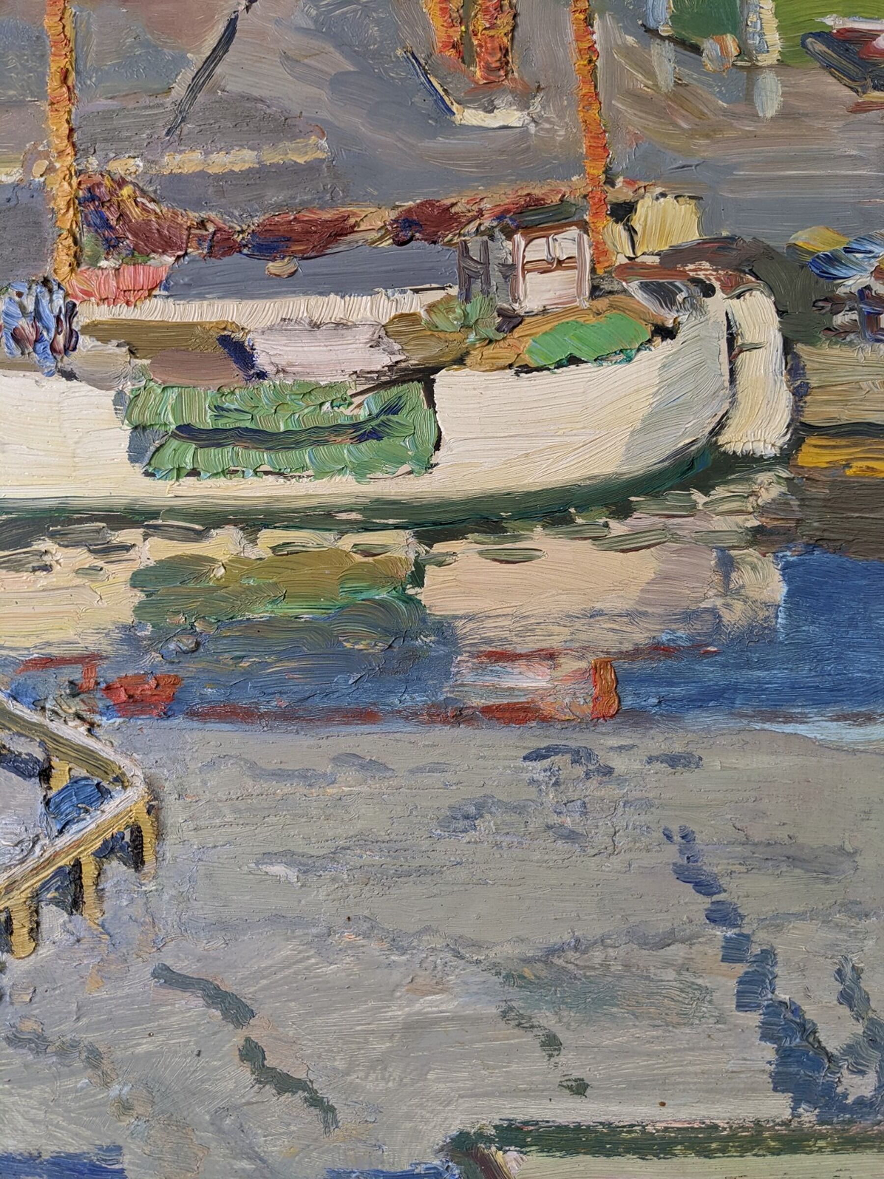 Mid-century modern "the dock" swedish seascape oil painting, framed