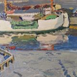 Mid-century modern "the dock" swedish seascape oil painting, framed