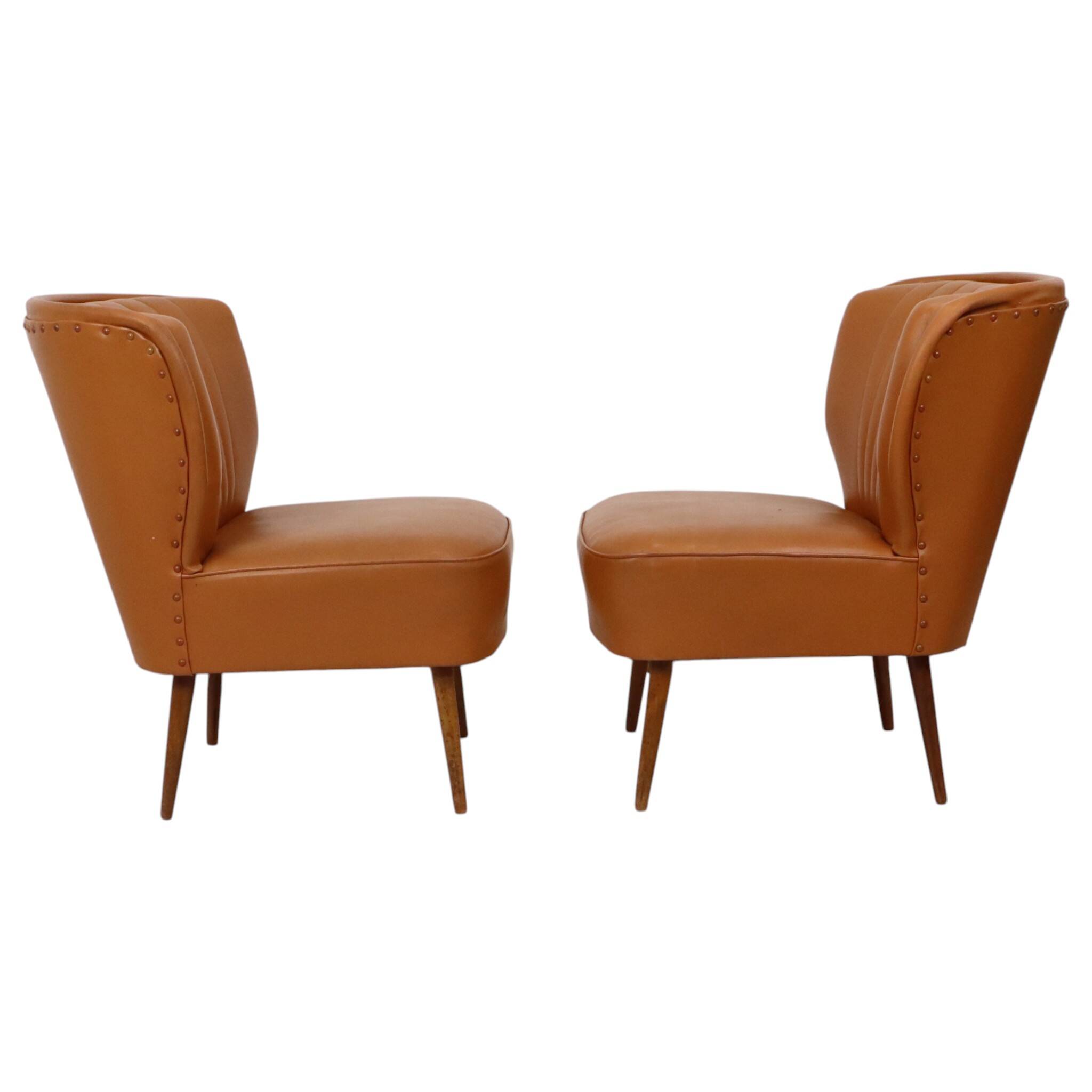 Pair of Vintage Expo 58 Cocktail Chairs, Cognac Faux Leather, Sixties