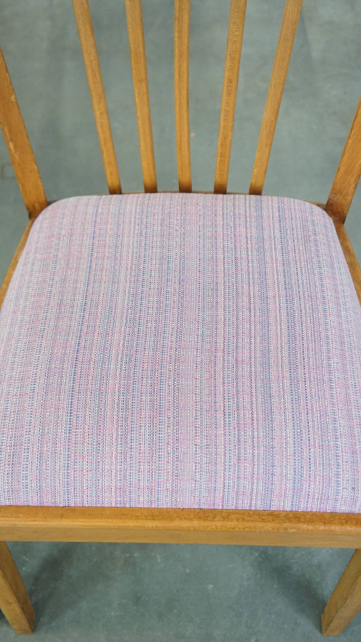 Set of 4 vintage Danish design dining chairs from the 1970s with light purple fabric seats